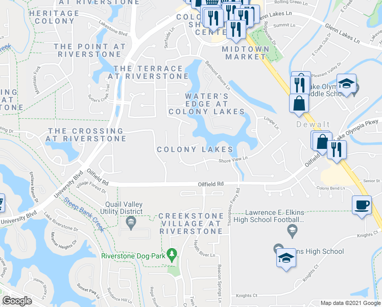map of restaurants, bars, coffee shops, grocery stores, and more near 6814 Rhodes Court in Missouri City