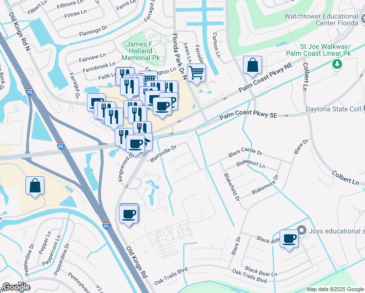 map of restaurants, bars, coffee shops, grocery stores, and more near 41 Blairsville Drive in Palm Coast