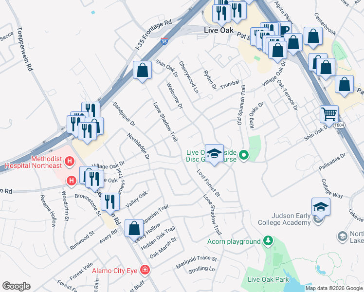 map of restaurants, bars, coffee shops, grocery stores, and more near 12613 Lone Shadow Trail in Live Oak