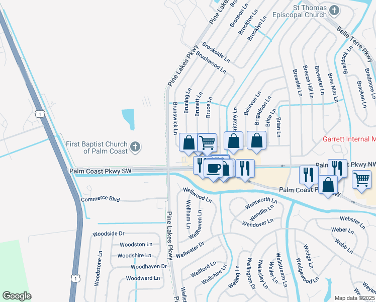 map of restaurants, bars, coffee shops, grocery stores, and more near 39 Brunswick Lane in Palm Coast