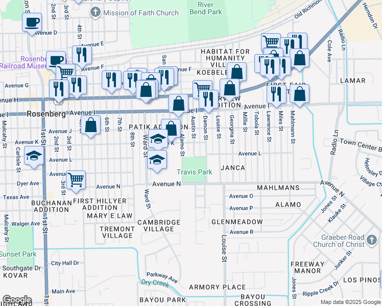 map of restaurants, bars, coffee shops, grocery stores, and more near 1315 Austin Street in Rosenberg