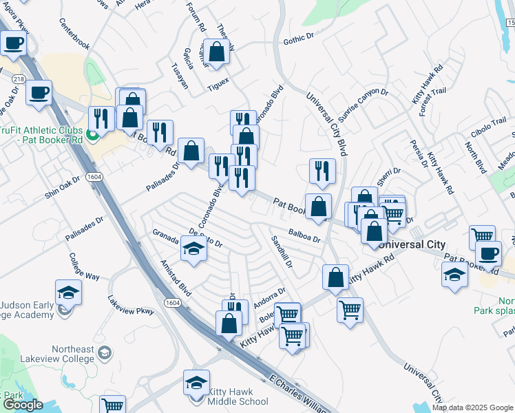 map of restaurants, bars, coffee shops, grocery stores, and more near 2301 Pat Booker Road in Universal City