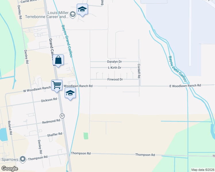 map of restaurants, bars, coffee shops, grocery stores, and more near 319 E Woodlawn Ranch Rd in Houma
