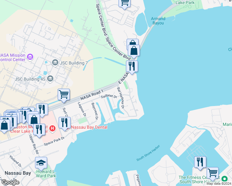 map of restaurants, bars, coffee shops, grocery stores, and more near 18033 Starboard Drive in Houston