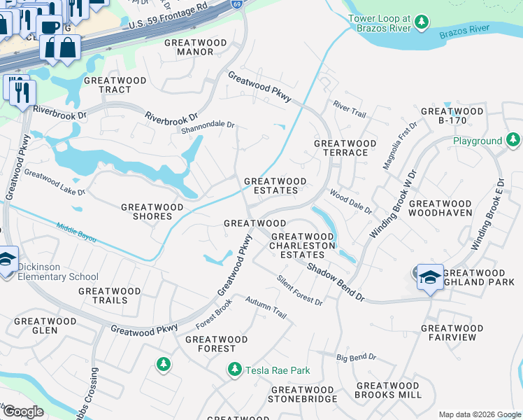 map of restaurants, bars, coffee shops, grocery stores, and more near 8206 Forest Gate Drive in Sugar Land