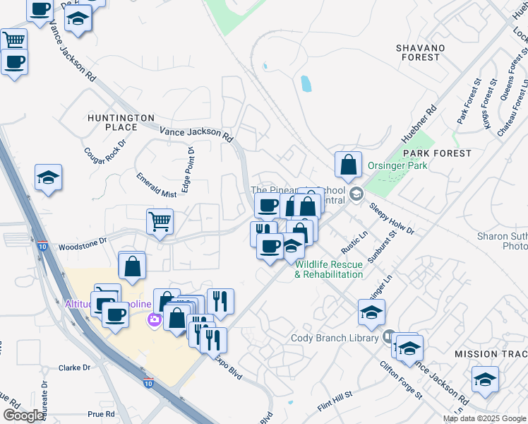 map of restaurants, bars, coffee shops, grocery stores, and more near 12222 Vance Jackson Road in San Antonio