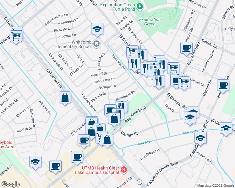 map of restaurants, bars, coffee shops, grocery stores, and more near 822 Ramada Drive in Houston