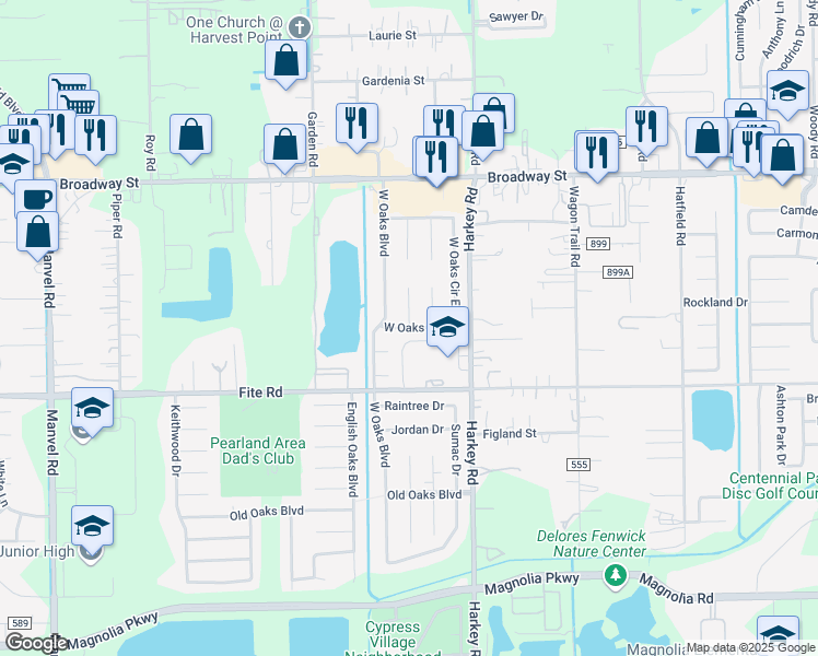 map of restaurants, bars, coffee shops, grocery stores, and more near 2898 White Oak Lane in Pearland