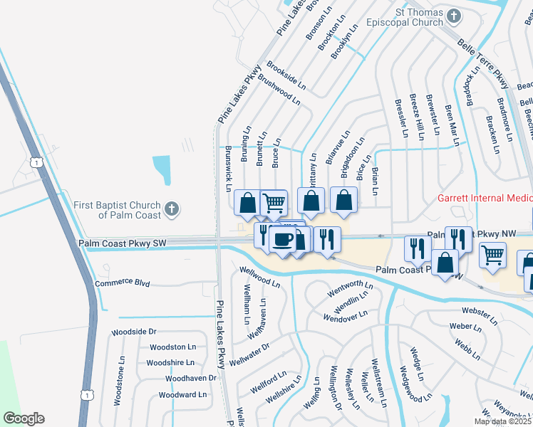 map of restaurants, bars, coffee shops, grocery stores, and more near 19 Brunswick Lane in Palm Coast