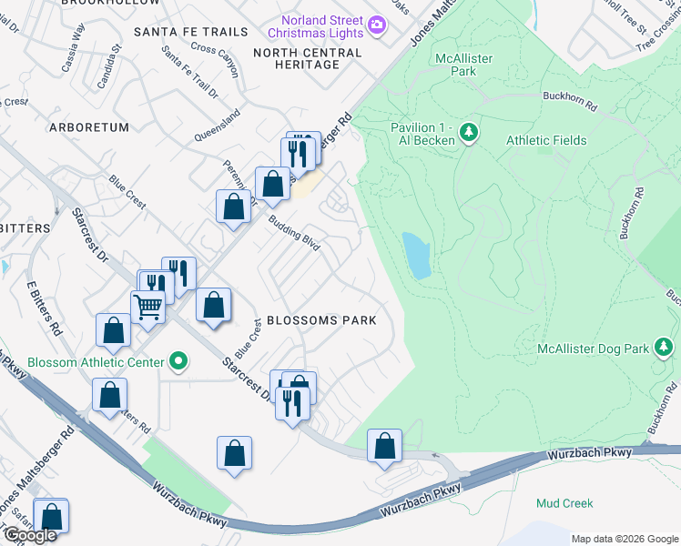 map of restaurants, bars, coffee shops, grocery stores, and more near 12210 Apricot Drive in San Antonio