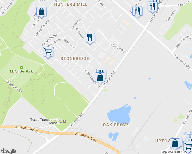 map of restaurants, bars, coffee shops, grocery stores, and more near 12215 Maverick Bluff Street in San Antonio
