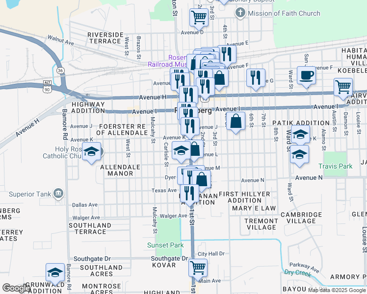 map of restaurants, bars, coffee shops, grocery stores, and more near 1711 Avenue L in Rosenberg