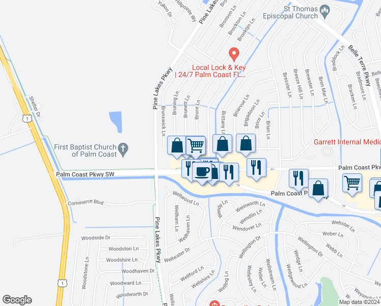 map of restaurants, bars, coffee shops, grocery stores, and more near 19 Brunswick Lane in Palm Coast