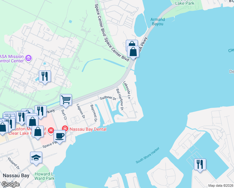 map of restaurants, bars, coffee shops, grocery stores, and more near 18033 Starboard Drive in Houston