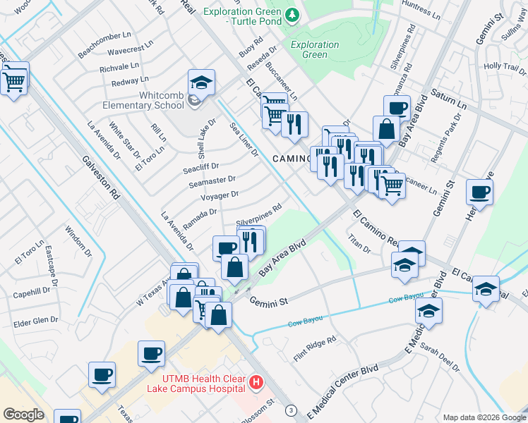 map of restaurants, bars, coffee shops, grocery stores, and more near 855 Silverpines Road in Houston