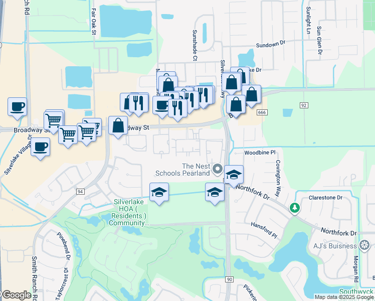 map of restaurants, bars, coffee shops, grocery stores, and more near Yorkshire Boulevard in Pearland