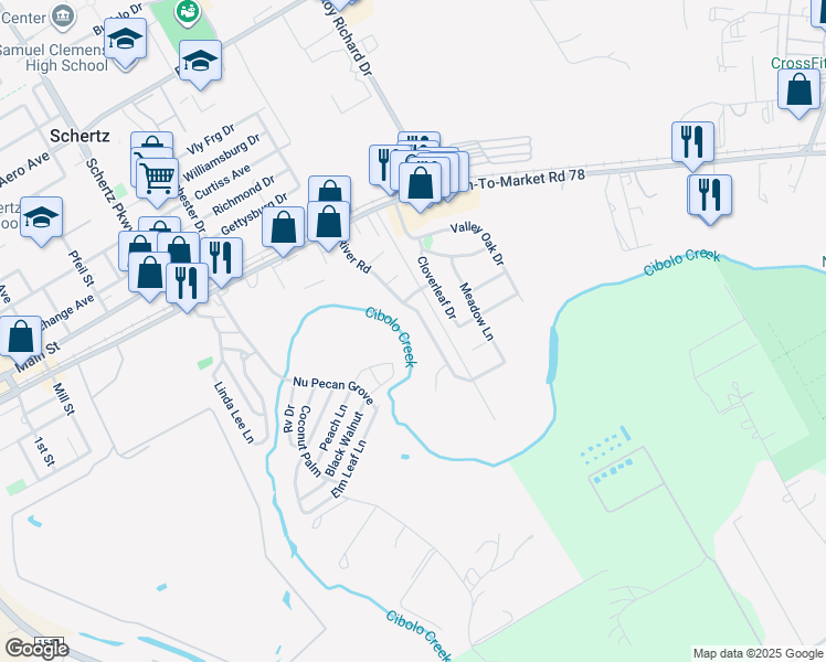 map of restaurants, bars, coffee shops, grocery stores, and more near 410 River Road in Schertz