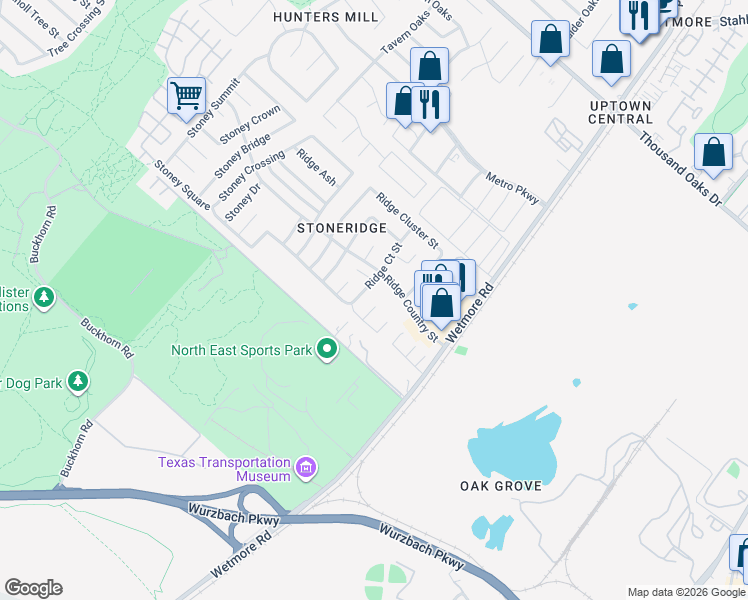 map of restaurants, bars, coffee shops, grocery stores, and more near 3614 Ridge Country Street in San Antonio