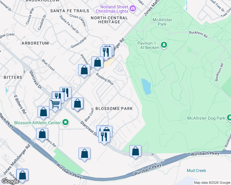map of restaurants, bars, coffee shops, grocery stores, and more near 12210 Apricot Drive in San Antonio