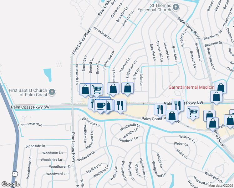 map of restaurants, bars, coffee shops, grocery stores, and more near 59 Brittany Lane in Palm Coast