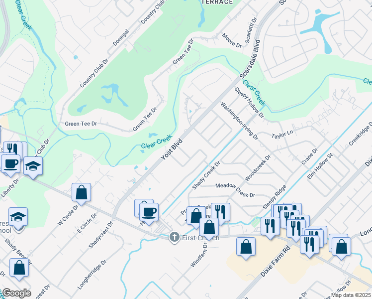 map of restaurants, bars, coffee shops, grocery stores, and more near 2107 Moss Creek Lane in Pearland