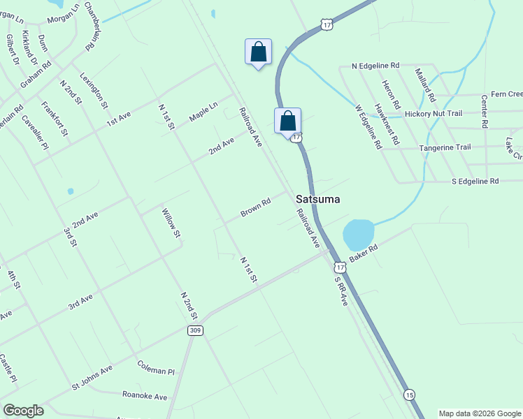 map of restaurants, bars, coffee shops, grocery stores, and more near 208 North 1st Street in Satsuma