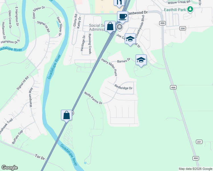 map of restaurants, bars, coffee shops, grocery stores, and more near 1409 Redbridge Drive in Seguin