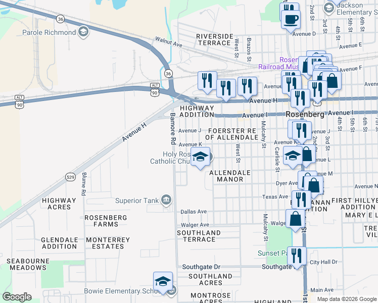 map of restaurants, bars, coffee shops, grocery stores, and more near 1309 Allen Street in Rosenberg