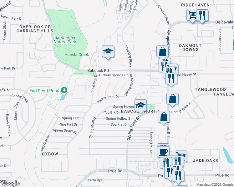 map of restaurants, bars, coffee shops, grocery stores, and more near 11711 Spring Song Drive in San Antonio
