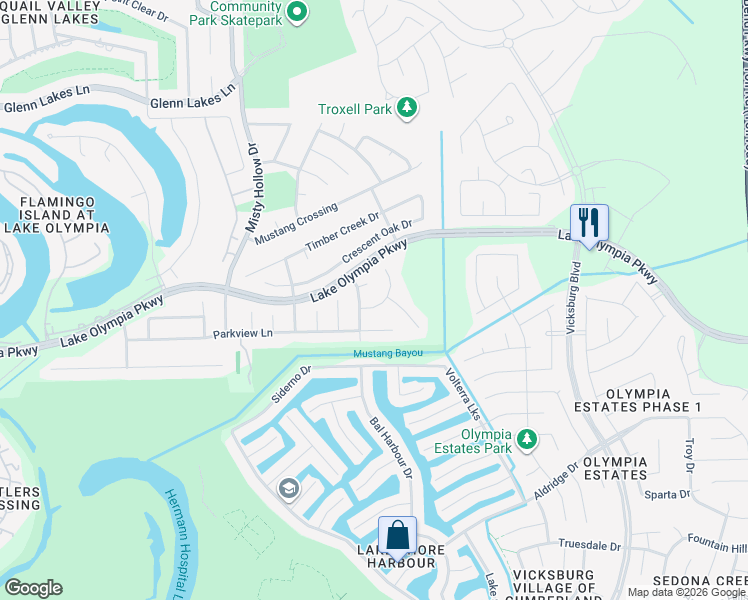 map of restaurants, bars, coffee shops, grocery stores, and more near 1654 Morning Dew Place in Missouri City