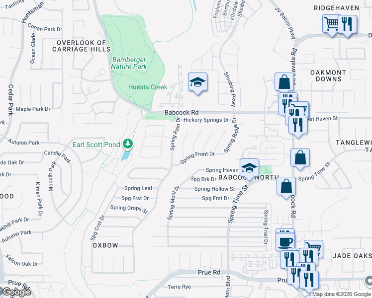map of restaurants, bars, coffee shops, grocery stores, and more near 11724 Spring Club Drive in San Antonio
