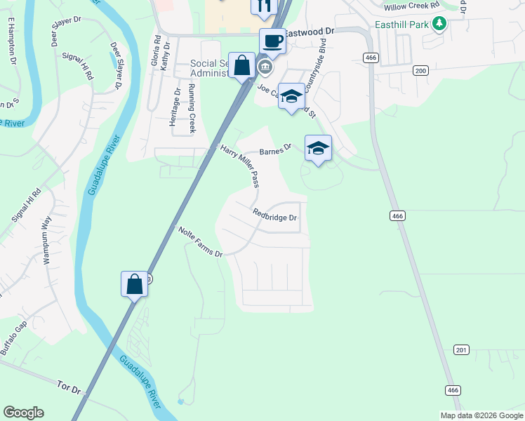 map of restaurants, bars, coffee shops, grocery stores, and more near 1600 Nolte Farms Drive in Seguin