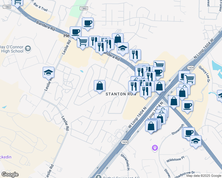 map of restaurants, bars, coffee shops, grocery stores, and more near 11914 Branding Point in Helotes