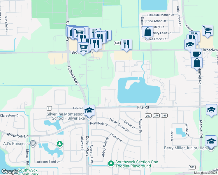 map of restaurants, bars, coffee shops, grocery stores, and more near 8017 SERENITY DRIVE in Pearland