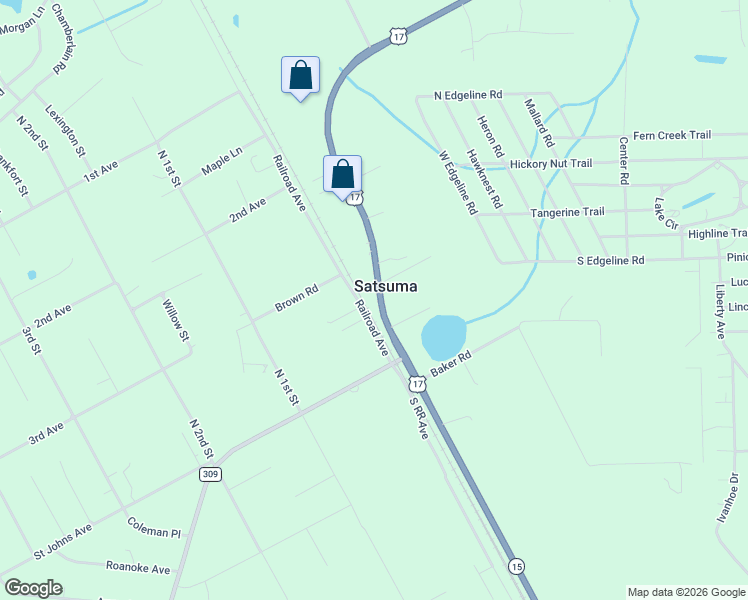 map of restaurants, bars, coffee shops, grocery stores, and more near 119 Railroad Avenue in Satsuma