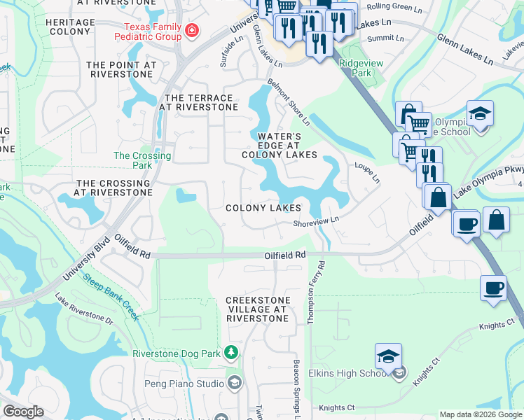 map of restaurants, bars, coffee shops, grocery stores, and more near 6807 Rhodes Court in Missouri City