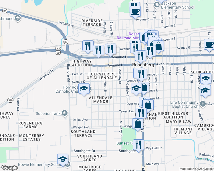 map of restaurants, bars, coffee shops, grocery stores, and more near 1309 West Street in Rosenberg
