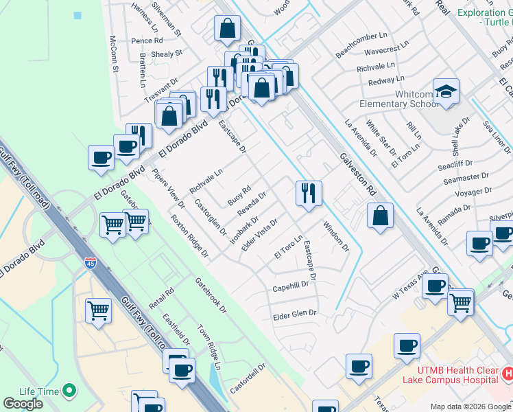 map of restaurants, bars, coffee shops, grocery stores, and more near 416 Reseda Drive in Webster