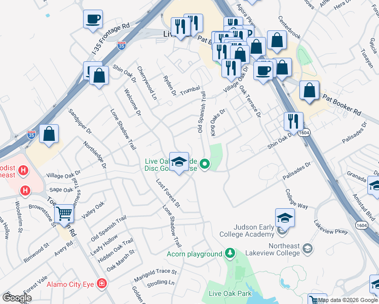 map of restaurants, bars, coffee shops, grocery stores, and more near 205 Regal Oaks Drive in Live Oak