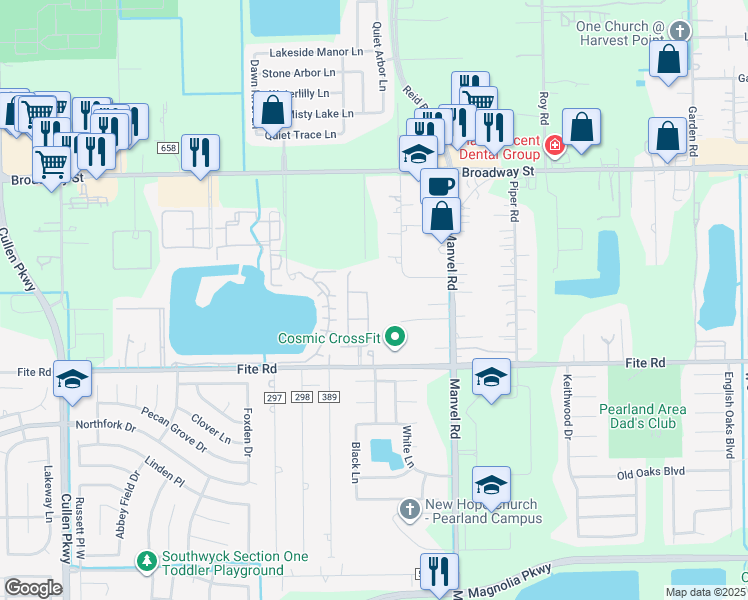 map of restaurants, bars, coffee shops, grocery stores, and more near 2985 Byng Street in Pearland