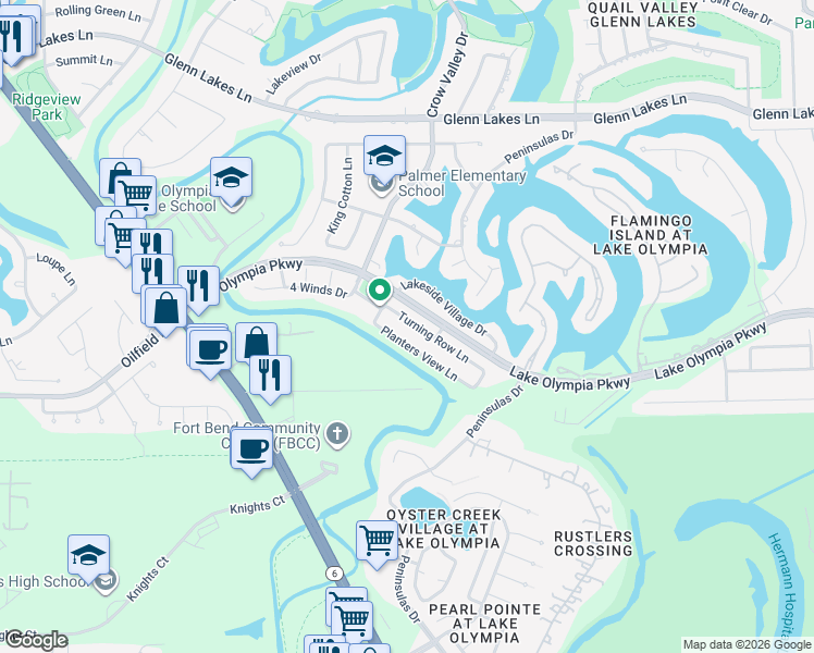 map of restaurants, bars, coffee shops, grocery stores, and more near 2714 Turning Row Lane in Missouri City