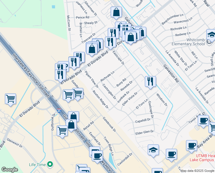 map of restaurants, bars, coffee shops, grocery stores, and more near 15723 Castorglen Dr in Webster