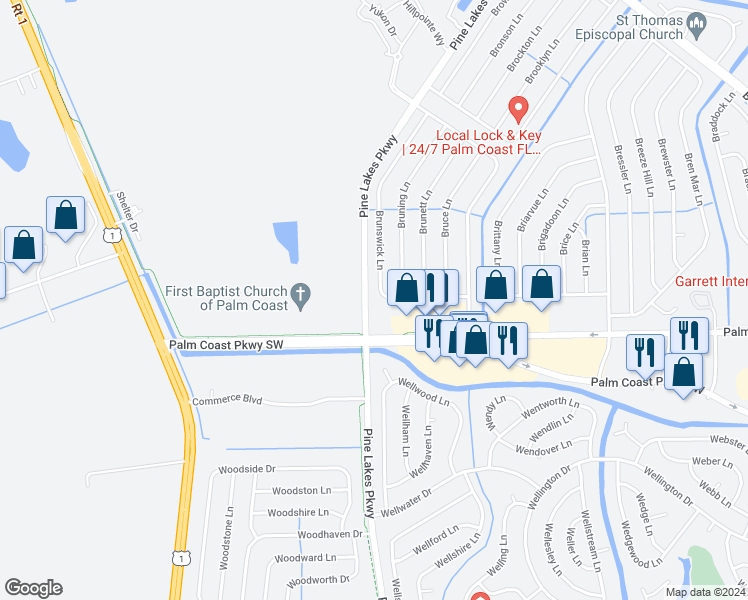 map of restaurants, bars, coffee shops, grocery stores, and more near 49 Brunswick Lane in Palm Coast