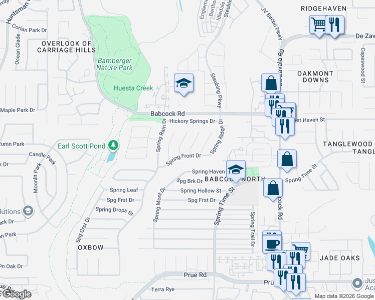 map of restaurants, bars, coffee shops, grocery stores, and more near 11714 Spring Life in San Antonio