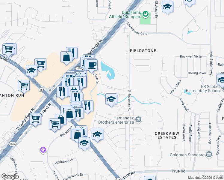 map of restaurants, bars, coffee shops, grocery stores, and more near 8910 North Loop 1604 West in San Antonio