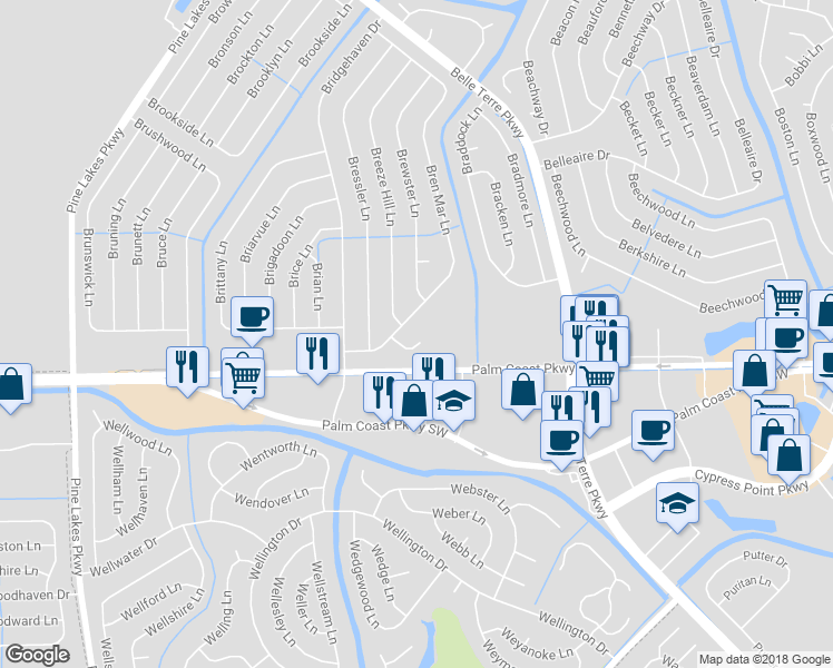 map of restaurants, bars, coffee shops, grocery stores, and more near 17 Brelyn Place in Palm Coast