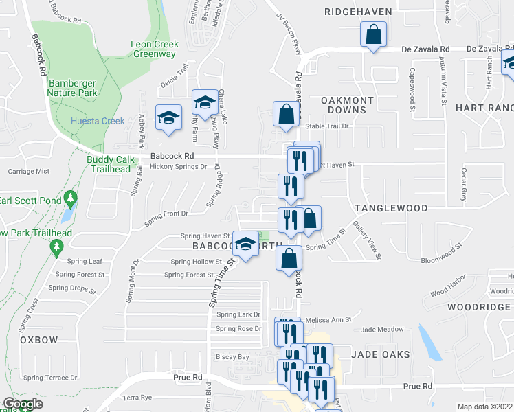 map of restaurants, bars, coffee shops, grocery stores, and more near 11815 Spring Arbor Street in San Antonio