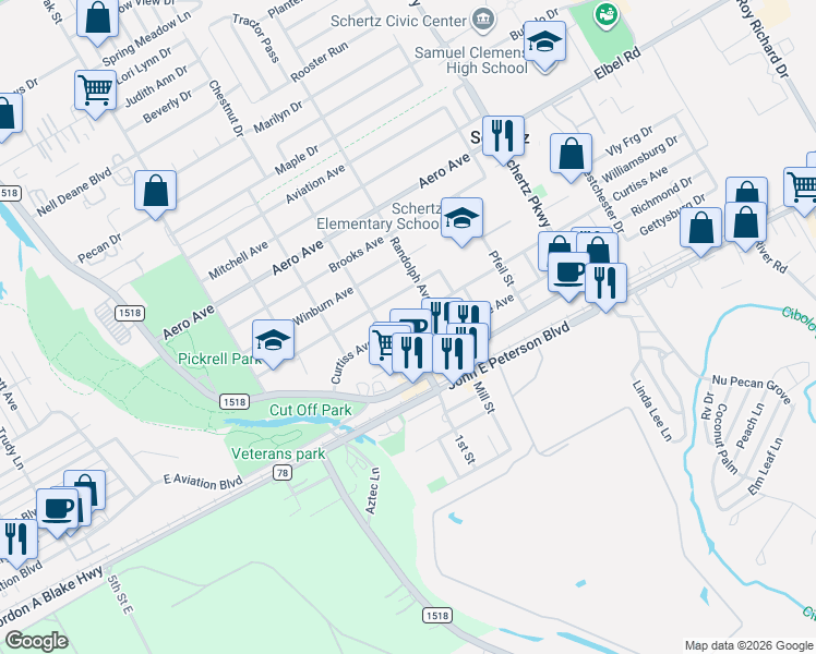 map of restaurants, bars, coffee shops, grocery stores, and more near 512 Curtiss Avenue in Schertz