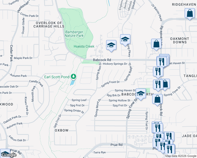 map of restaurants, bars, coffee shops, grocery stores, and more near 11726 Spring Rain Drive in San Antonio