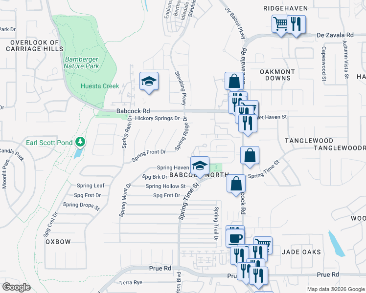 map of restaurants, bars, coffee shops, grocery stores, and more near 11714 Spring Ridge Drive in San Antonio